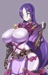  bad_anatomy bangs black_gloves bodysuit breasts commentary_request covered_navel cowboy_shot curvy fate/grand_order fate_(series) fingerless_gloves gloves kimyouna_juju large_breasts loincloth long_hair looking_at_viewer low-tied_long_hair minamoto_no_raikou_(fate/grand_order) parted_bangs purple_bodysuit purple_eyes purple_hair ribbed_sleeves rope smile solo tabard very_long_hair 