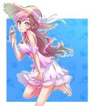  breasts brown_eyes brown_hair cleavage commentary_request dress hat heterochromia ice_cream_cone iesupa long_hair multicolored_hair neo_(rwby) pink_eyes pink_hair ribbon rwby sandals solo white_ribbon 
