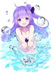  :d ahoge amacha azur_lane bikini blush breasts cleavage commentary dutch_angle halterneck leaning_forward long_hair looking_at_viewer medium_breasts one_side_up open_mouth outstretched_hand purple_eyes purple_hair side_bun smile solo splashing swimsuit unicorn_(azur_lane) wading water_drop white_bikini 