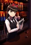  absurdres arms_up bar bartender black_neckwear brown_eyes brown_hair cocktail_glass counter cup drinking_glass hair_ribbon head_tilt highres hinamatsuri_(manga) indoors long_hair long_sleeves looking_at_viewer mishima_hitomi necktie red_ribbon ribbon shadow shaker shelf shimotsuki_(doujiaqun123) shiny shiny_hair shirt smile solo upper_body very_long_hair waistcoat white_shirt 