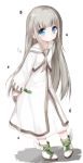  ankle_boots bangs blue_eyes blush boots closed_mouth eyebrows_visible_through_hair full_body long_hair long_sleeves looking_at_viewer original pigeon-toed robe silver_hair solo standing star very_long_hair white_background white_footwear white_robe white_wings wide_sleeves winged_boots wings yuuhagi_(amaretto-no-natsu) 