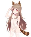  animal_ears arm_behind_back arm_up bangs bare_arms bare_shoulders blush brown_hair casual_one-piece_swimsuit collarbone eyebrows_visible_through_hair fingernails groin highleg highleg_swimsuit highres kuki_panda_(wkdwnsgk13) long_hair looking_at_viewer one-piece_swimsuit red_eyes sidelocks simple_background solo soul_worker stella_unibell striped_tail swimsuit tail thighhighs very_long_hair white_background white_legwear white_swimsuit 