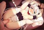  1girl animal_ears armpits azur_lane bare_shoulders bed blue_eyes blush bound bound_wrists bow breasts censored collar detached_sleeves fang feet hair_bow hair_ornament hammann_(azur_lane) hetero legs_over_head long_hair lying mosaic_censoring nipples no_shoes on_back open_mouth penis pillow puffy_short_sleeves puffy_sleeves revision rope sex short_sleeves skindentation small_breasts soles thighhighs vaginal very_long_hair white_hair white_legwear zen_o 