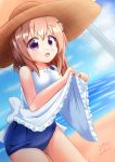  beach blue_swimsuit brown_hair commentary_request cowboy_shot day dress dress_lift gochuumon_wa_usagi_desu_ka? hat highres hoto_cocoa inakami looking_at_viewer purple_eyes school_swimsuit short_hair signature solo standing sun_hat swimsuit swimsuit_under_clothes white_dress 
