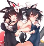  animal_ears azur_lane black_hair black_swimsuit blue_swimsuit breasts cat_ears cat_tail commentary_request cowboy_shot fox_mask large_breasts long_hair mask mask_on_head medium_breasts multiple_girls nail_polish name_tag paw_pose red_eyes school_swimsuit shigure_(azur_lane) short_hair simple_background swimsuit tail white_background wolf_ears wolf_tail yamashiro_(azur_lane) yukishiro_arute 