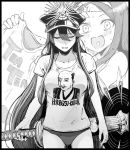  bangs bikini_bottom black_hair blush chacha_(fate/grand_order) closed_eyes collarbone commentary_request fate/grand_order fate_(series) greyscale guitar hair_between_eyes hat holding instrument long_hair looking_at_viewer monochrome multiple_girls oda_nobunaga_(fate) oda_nobunaga_(swimsuit_berserker)_(fate) oda_uri open_mouth parted_bangs peaked_cap shirt sweatdrop syatey t-shirt 