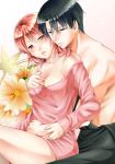  1girl absurdres bare_shoulders black_eyes black_hair black_pants blush breasts brown_eyes cleavage flower groping hetero highres lipstick looking_at_viewer makeup medium_hair official_art pants pink_background pink_shirt red_hair shirt shirtless sitting sitting_on_lap sitting_on_person touma_(tsunamiharuru) 