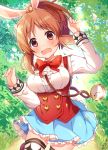  abe_nana animal_ears arm_up bad_id bad_pixiv_id blue_skirt blush bow breasts brown_eyes brown_hair bunny_ears collared_shirt commentary day fingernails forest hair_ornament hand_up head_tilt heart heart_hair_ornament idolmaster idolmaster_cinderella_girls long_sleeves looking_at_viewer medium_breasts nature omuretsu open_mouth outdoors pleated_skirt pocket_watch red_bow shirt skirt solo standing standing_on_one_leg thighhighs underbust watch white_shirt 