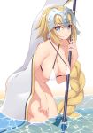  absurdres beach bikini bikini_day blonde_hair blue_eyes braid breasts cleavage closed_mouth commentary_request covered_nipples criss-cross_halter eyebrows_visible_through_hair fate/apocrypha fate_(series) flag hair_ribbon halterneck headpiece highres jeanne_d'arc_(fate)_(all) kneeling large_breasts leaning_forward long_hair looking_at_viewer polearm ribbon shunichi sidelocks single_braid smile solo string_bikini swimsuit very_long_hair water weapon white_bikini 
