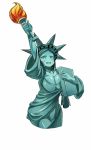  absurdres america breasts commentary dress english_commentary fire fourth_of_july green_dress green_hair green_skin hairband highres looking_at_viewer open_mouth personification real_life simple_background sole-gem solo spiked_hairband spikes statue_of_liberty white_background 