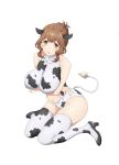  animal_ears animal_print artist_request blush boots breasts brown_eyes brown_hair covered_nipples cow_ears cow_print highres kazami_torino large_breasts looking_at_viewer navel navel_cutout simple_background solo source_request tail thigh_boots thighhighs valkyrie_drive valkyrie_drive_-mermaid- white_background 