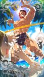  2boys artoria_pendragon_(all) beard blue_sky card_(medium) card_parody chaldea_beach_volleyball commentary craft_essence facial_hair fate/grand_order fate_(series) grin jumping lens_flare lord_el-melloi_ii male_swimwear multiple_boys muscle ocean one-piece_swimsuit palm_tree red_eyes red_hair redrop rider_(fate/zero) saber_alter scar scared sky sleeveless smile sunglasses sweat swim_trunks swimsuit swimwear tree volleyball waver_velvet 