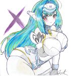  a-deruhyde android ass blue_hair breasts commentary_request cyborg forehead_protector kos-mos large_breasts long_hair red_eyes solo xenosaga 