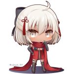  :&lt; ahoge arm_grab armored_boots bangs black_bow black_footwear blush boots bow breasts brown_eyes chibi cleavage cleavage_cutout closed_mouth dark_skin dress eyebrows_visible_through_hair fate/grand_order fate_(series) hair_between_eyes hair_bow hair_ornament hand_up knee_boots large_breasts light_brown_hair long_hair looking_at_viewer okita_souji_(alter)_(fate) okita_souji_(fate)_(all) red_dress red_scarf scarf solo tassel underboob underboob_cutout v-shaped_eyebrows white_background yukiyuki_441 