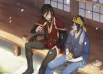  bandana black_hair blue_eyes boots byakuya0315 dango food green_tea izumi-no-kami_kanesada japanese_clothes long_hair male_focus mikazuki_munechika multiple_boys one_eye_closed pants petals sitting tea touken_ranbu veranda wagashi 