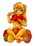 2018 anthro bear bottomless breasts brown_eyes brown_hair clothed clothing crossgender disney english_text female fur hair honey honey_pot hunny_(michele_light) mammal michele_light orange_fur pooh_bear simple_background solo text tongue tongue_out under_boob white_background winnie_the_pooh_(franchise) 