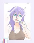  blue_eyes breasts brushing_teeth hair_between_eyes imura_(shiro_maru) large_breasts long_hair looking_at_viewer messy_hair mirror open_mouth original ponytail purple_hair reflection shiro_maru solo toothbrush 