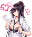  bangs black_bra black_hair blush bra breasts cleavage closed_eyes collarbone commentary_request dog_tags dress_shirt fanning_face gorua_(youce01) hair_between_eyes heart idolmaster idolmaster_shiny_colors large_breasts long_hair necktie open_clothes open_shirt ponytail revision school_uniform shirase_sakuya shirt shirt_pull simple_background smile solo sweat underwear white_background 
