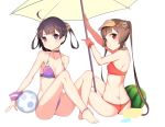  ass azur_lane ball bangs bare_arms bare_shoulders barefoot beach_umbrella beachball bikini blush breasts brown_hair butt_crack cleavage closed_mouth collarbone eyebrows_visible_through_hair food fruit hairpods halter_top halterneck head_tilt long_hair looking_at_viewer medium_breasts meng_ge_3_(565571710) multiple_girls ning_hai_(azur_lane) ping_hai_(azur_lane) purple_bikini purple_eyes red_bikini red_eyes simple_background sitting small_breasts swimsuit thighs transparent twintails umbrella v-shaped_eyebrows very_long_hair visor_cap watermelon white_background yellow_umbrella 