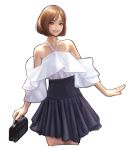  absurdres bag bare_shoulders blush bob_cut breasts brown_hair commentary_request dress handbag highres holding jungon_kim looking_at_viewer multicolored multicolored_clothes multicolored_dress open_mouth original short_hair smile solo white_background 