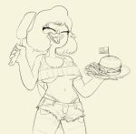  2018 4th_of_july 5_fingers anthro avian bird breasts burger cartoon_network cleavage clothed clothing digital_media_(artwork) drockdraw eyes_closed female food food_tray fries hair mature_female midriff monochrome mordecai&#039;s_mom non-mammal_breasts open_mouth regular_show short_hair shorts sketch skimpy smile solo standing thong under_boob 