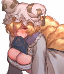  alternate_eye_color bangs blonde_hair blush breasts brown_eyes cleavage dress dress_lift embarrassed fox_tail frilled_shirt_collar frills hair_between_eyes hair_over_one_eye hat highres leaning_forward long_sleeves looking_to_the_side masanaga_(tsukasa) medium_breasts mouth_hold multiple_tails pillow_hat reflective_eyes sarashi shiny shiny_hair short_hair simple_background sketch solo sweat sweatdrop tabard tabard_lift tail touhou upper_body white_background white_dress yakumo_ran 