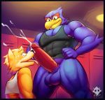  2018 anthro anthro_on_anthro avian balls bottomless canine clothed clothing cum cum_on_face elfein erection falco_lombardi fox fox_mccloud humanoid_penis kneeling licking locker_room male male/male mammal muscular nintendo oral penis shirt star_fox tank_top tongue tongue_out video_games 
