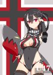  absurdres adjusting_hair ass_visible_through_thighs azur_lane black_hair breasts bridal_gauntlets character_name commentary covered_navel covered_nipples cowboy_shot earrings elbow_gloves gloves grey_gloves highres inflatable_shark inflatable_toy iron_cross jewelry long_hair looking_at_viewer medium_breasts multicolored_hair one-piece_swimsuit one_side_up red_eyes solo streaked_hair swimsuit thighhighs u-47_(azur_lane) white_hair xiang_cheng_(nido) 