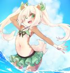  animal_ears arm_behind_head arm_up armpits bikini bikini_skirt blonde_hair cloud commentary day dog_ears dog_tail eyes_visible_through_hair fang flat_chest furry green_bikini green_eyes green_swimsuit hair_over_one_eye highres long_hair navel open_mouth original outdoors outstretched_arm pose ribbon sky smile solo swimsuit tail twintails wading water yuuki_(yuyuki000) 