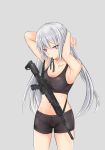 ak-12 ak-12_(girls_frontline) armpits arms_behind_head arms_up bare_shoulders bike_shorts black_ribbon breasts cleavage commentary english_commentary girls_frontline graphite_(medium) grey_background gun hair_between_eyes highres large_breasts long_hair midriff mouth_hold navel red_eyes ribbon ribbon_in_mouth rozenberg shirt sidelocks silver_hair simple_background sling solo sports_bra taut_clothes taut_shirt thighs traditional_media tying_hair weapon 