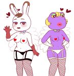  &lt;3 2017 4_fingers 5_fingers alipixel amphibian animal_crossing anthro anthrofied beauty_mark bedroom_eyes big_lips biped black_bottomwear black_clothing black_eyes black_lipstick blonde_hair blush breasts brown_body brown_hair choker clothed clothing collaboration collarbone color_edit colored digital_drawing_(artwork) digital_media_(artwork) dipstick_ears duo edit eyelashes eyeshadow female fishnet fishnet_legwear frog front_view garter_straps gigi_(animal_crossing) gloves hair half-closed_eyes hands_on_hips heart_pastie hi_res humanoid_hands lagomorph legwear lingerie lips lipstick looking_at_viewer looking_away lt-snivy makeup mammal medium_breasts mole_(marking) navel nintendo non-mammal_breasts open_mouth panties pasties pink_lipstick portrait purple_skin rabbit red_gloves seductive short_hair showgirl simple_background skimpy smile sparkle sparkling_eyes standing three-quarter_portrait tiffany_(animal_crossing) topless two_tone_body underwear video_games waving white_background white_body white_bottomwear white_clothing white_gloves wide_hips yellow_sclera 