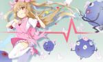  &gt;_&lt; ;) apron armband bandaged_arm bandages bangs blurry blurry_background blush breasts bunny_hair_ornament center_frills closed_mouth collared_shirt commentary depth_of_field eyebrows_visible_through_hair fang frills hair_between_eyes hair_ornament hat heart heart_monitor index_finger_raised large_syringe light_brown_hair long_hair medium_breasts natori_sana nurse_cap one_eye_closed oversized_object pink_apron pink_footwear pink_hat pleated_skirt puffy_short_sleeves puffy_sleeves red_eyes saana-kun safety_pin sana_channel shirt shoes short_sleeves skirt smile stethoscope syringe thighhighs two_side_up very_long_hair white_legwear white_shirt white_skirt xiaoyu 