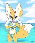  2018 absurd_res anthro beach bikini biped brown_eyes bulge canine clothed clothing crossdressing digital_drawing_(artwork) digital_media_(artwork) fennec fox fur girly hair hi_res looking_at_viewer male mammal outside seaside sky smile solo standing swimsuit text tongue tongue_out tuff water ziggy_fox 