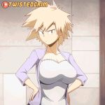  animated animated_gif artist_name bakugou_mitsuki black_bra black_hair blonde_hair blouse boku_no_hero_academia bouncing_breasts bra breast_hold breast_squeeze breasts brown_eyes cleavage commentary eyebrows_visible_through_hair eyes_visible_through_hair grin hands_on_hips jacket large_breasts looking_at_viewer lowres mature open_clothes open_jacket patreon_logo pulled_by_self purple_jacket raised_eyebrow shirt_pull short_hair smile solo spiked_hair tsurime twistedgrim underwear undressing white_blouse 
