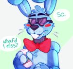  animatronic anthro bow_tie buckteeth eyewear five_nights_at_freddy&#039;s five_nights_at_freddy&#039;s_2 lagomorph machine mammal rabbit robot simple_background solo sunglasses teeth text toy-bonnie toy_bonnie_(fnaf) video_games 