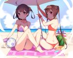  ass azur_lane ball bangs bare_arms bare_shoulders barefoot beach beach_umbrella beachball bikini blue_sky blush bottle breasts brown_hair butt_crack can chinese_commentary cleavage closed_mouth cloud collarbone commentary_request cooler day eyebrows_visible_through_hair food fruit hairpods halter_top halterneck head_tilt horizon long_hair looking_at_viewer medium_breasts meng_ge_3_(565571710) multiple_girls ning_hai_(azur_lane) ocean outdoors ping_hai_(azur_lane) purple_bikini purple_eyes red_bikini red_eyes sand shade sitting sky small_breasts swimsuit thighs transparent twintails umbrella v-shaped_eyebrows very_long_hair visor_cap water watermelon yellow_umbrella 