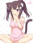  ;o animal_ears bare_shoulders blush bow breasts brown_hair cat_ears cat_girl cat_hair_ornament cat_tail cleavage collarbone commentary_request crossed_ankles fang hair_ornament hairclip hand_to_own_mouth hand_up head_tilt kaiware-san long_hair medium_breasts one_eye_closed open_mouth original pink_bow pink_shirt polka_dot polka_dot_background purple_eyes shirt signature sitting sleepy solo strap_slip tail twintails white_background yawning 