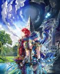  1girl adol_christin back-to-back blue_hair blue_sky breasts brown_eyes closed_eyes cloud cowboy_shot dana_(ys) day day_and_night floating_hair from_side hair_ribbon highres holding holding_sword holding_weapon long_hair looking_up midriff moon navel night non-web_source official_art outdoors red_hair ribbon short_sleeves sky small_breasts star_(sky) starry_sky stomach sword thighhighs twintails underboob very_long_hair water weapon white_ribbon ys ys_viii_lacrimosa_of_dana 