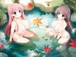  bikini blue_eyes brown_hair haramura_nodoka jpeg_artifacts kobayashi_ritz leaves long_hair maya_yukiko pink_hair purple_eyes ribbons saki swimsuit wet 