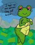  2017 aliasing amphibian animal_crossing anthro bedroom_eyes big_breasts biped black_eyes breasts digital_drawing_(artwork) digital_media_(artwork) emerald_(animal_crossing) english_text featureless_feet featureless_hands female flying_sweatdrops frog full-length_portrait grass green_skin green_theme half-closed_eyes klutzatdusk looking_away naked_towel nintendo nipple_slip nipples non-mammal_breasts outside pink_nipples portrait seductive shadow smile solo standing sweat sweatdrop text thick_thighs thought_bubble towel video_games water wet wide_hips 