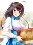  :d akizuki_(kantai_collection) alternate_costume apron basket blue_eyes blue_skirt blush bow bowtie bread breasts commentary food hachimaki hair_ornament headband highres kantai_collection kiko_(okuwae) kobeya koubeya_uniform large_breasts long_hair long_sleeves looking_at_viewer meme_attire open_mouth plaid plaid_apron ponytail school_uniform serafuku shirt skirt smile solo virgin_killer_outfit waitress white_shirt 