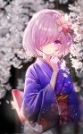  absurdres back_bow baocaizi blue_kimono bow cherry_blossoms clenched_hand fate/grand_order fate_(series) floral_print flower hair_flower hair_ornament hair_over_one_eye hand_up highres japanese_clothes kimono lavender_hair long_sleeves looking_at_viewer mash_kyrielight obi petals pink_flower purple_eyes purple_hair sash short_hair smile solo upper_body white_flower wide_sleeves 