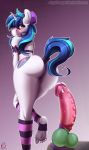  2018 anthro blue_hair blue_tail blush butt clothing crossgender cutie_mark darkhazard digital_media_(artwork) dildo equine feet female friendship_is_magic hair hair_bow hair_ribbon hi_res horn humanoid_feet legwear long_hair looking_at_viewer mammal my_little_pony ribbons sex_toy shining_armor_(mlp) solo unicorn 