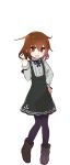 :d anchor_symbol black_dress blush brown_eyes brown_hair casual clenched_hand commentary dress eyebrows_visible_through_hair fang full_body hair_ornament hairclip hand_on_hip highres ikazuchi_(kantai_collection) kantai_collection long_sleeves looking_at_viewer open_mouth pantyhose purple_legwear short_hair simple_background smile solo standing v-shaped_eyebrows white_background yoru_nai 