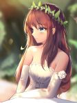  bad_id bad_pixiv_id bangs bare_shoulders belt belt_buckle blue_eyes blurry blurry_background blush brown_hair buckle closed_mouth commentary depth_of_field dress elbow_gloves elbow_rest english_commentary eyebrows_visible_through_hair flower flower_wreath gloves hair_between_eyes head_wreath highres lee_seok_ho light_smile long_hair looking_away looking_to_the_side original rose solo strapless strapless_dress table torn_clothes torn_gloves very_long_hair white_belt white_dress white_flower white_gloves white_rose 