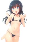  :d asashio_(kantai_collection) ass_visible_through_thighs barefoot bikini black_bikini black_hair blue_eyes collarbone commentary_request cowboy_shot eyebrows_visible_through_hair flat_chest halterneck kantai_collection leg_up long_hair nagami_yuu navel open_mouth simple_background smile solo standing swimsuit thigh_gap white_background 