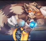  2018 anthro black_nose brown_fur clothed clothing cosplay digital_media_(artwork) eyewear female footwear fully_clothed fur gloves goggles looking_at_viewer mammal overwatch procyonid raccoon ryai_(character) smile solo tracer_(overwatch) video_games weeniewonsh yellow_eyes 