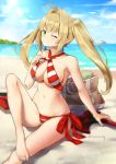  ;) aestus_estus ahoge artoria_pendragon_(all) artoria_pendragon_(swimsuit_rider_alter) bag bare_arms bare_legs bare_shoulders barefoot beach bikini blonde_hair blue_sky blurry blurry_background blush breasts cleavage closed_mouth cloud collarbone commentary criss-cross_halter day depth_of_field fate/grand_order fate/stay_night fate_(series) fingernails green_eyes hair_intakes halterneck hand_up head_tilt horizon large_breasts long_hair looking_at_viewer navel nero_claudius_(fate)_(all) nero_claudius_(swimsuit_caster)_(fate) ocean one_eye_closed outdoors saber_alter sand side-tie_bikini sidelocks sitting sky smile solo_focus striped striped_bikini swimsuit toenails twintails twitter_username tyone water 