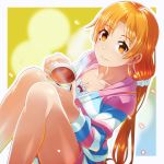  asuna_(sao) blonde_hair breasts cleavage collarbone cup eyebrows_visible_through_hair hair_between_eyes hair_ornament hair_scrunchie highres holding holding_cup is_ii long_hair medium_breasts orange_eyes scrunchie shiny shiny_hair sitting smile solo striped striped_sweater sweater sword_art_online teacup twintails very_long_hair white_scrunchie 