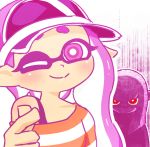  2018 cephalopod cephalopod_humanoid digital_media_(artwork) duo female hair hat inkling light_skin long_hair looking_at_viewer marine mikeinel nintendo ominous one_eye_closed purple_eyes purple_hair red_eyes smile splatoon squid stalking tentacle_hair tentacles video_games wink 